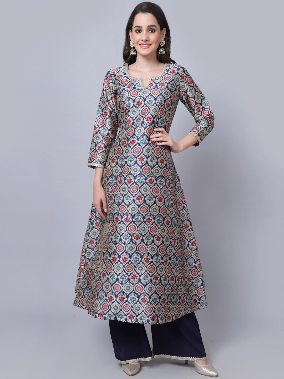 

anokherang Women Navy Blue & Red Geometric Printed Kurta