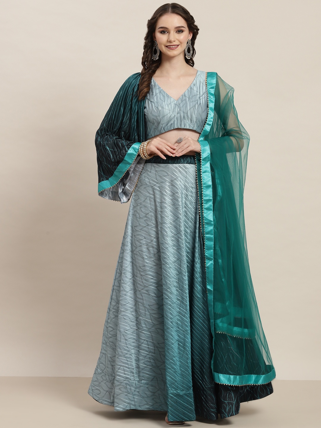 

Tikhi Imli Teal Printed Unstitched Lehenga & Blouse With Dupatta