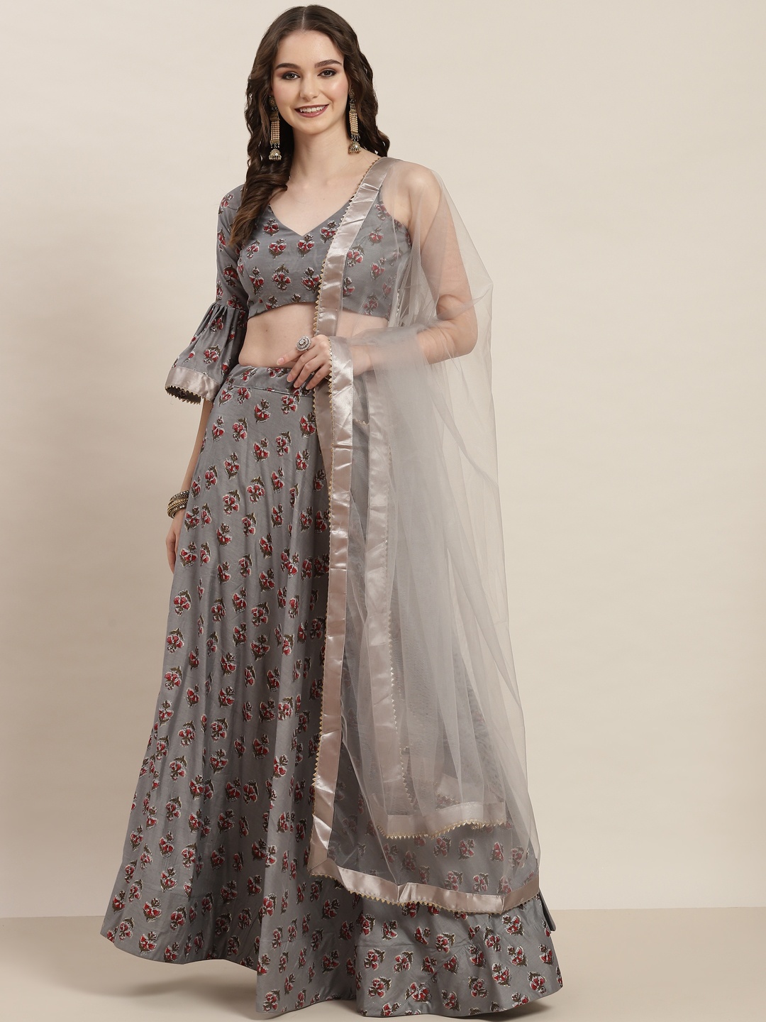 

Tikhi Imli Grey Printed Unstitched Lehenga & Blouse With Dupatta