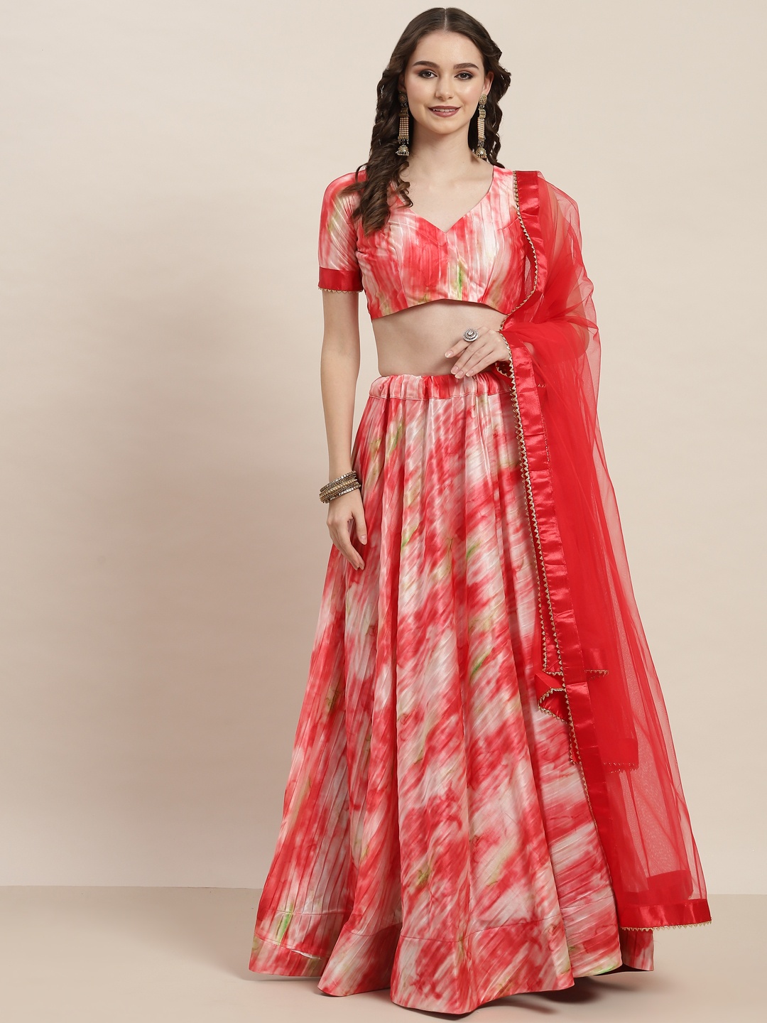 

Tikhi Imli Red Printed Unstitched Lehenga & Blouse With Dupatta