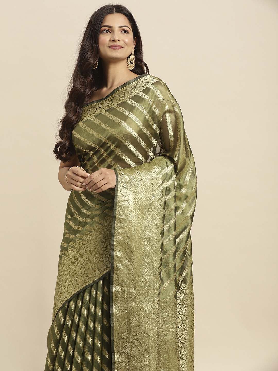 

Mitera Olive Green & Golden Striped Zari Organza Kanjeevaram Saree