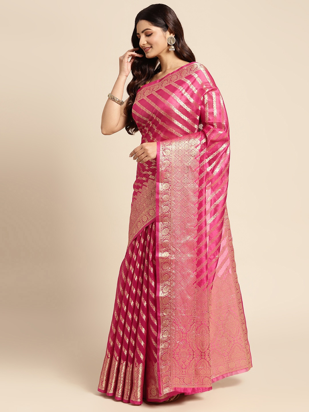 

Mitera Pink & Golden Striped Zari Organza Kanjeevaram Saree