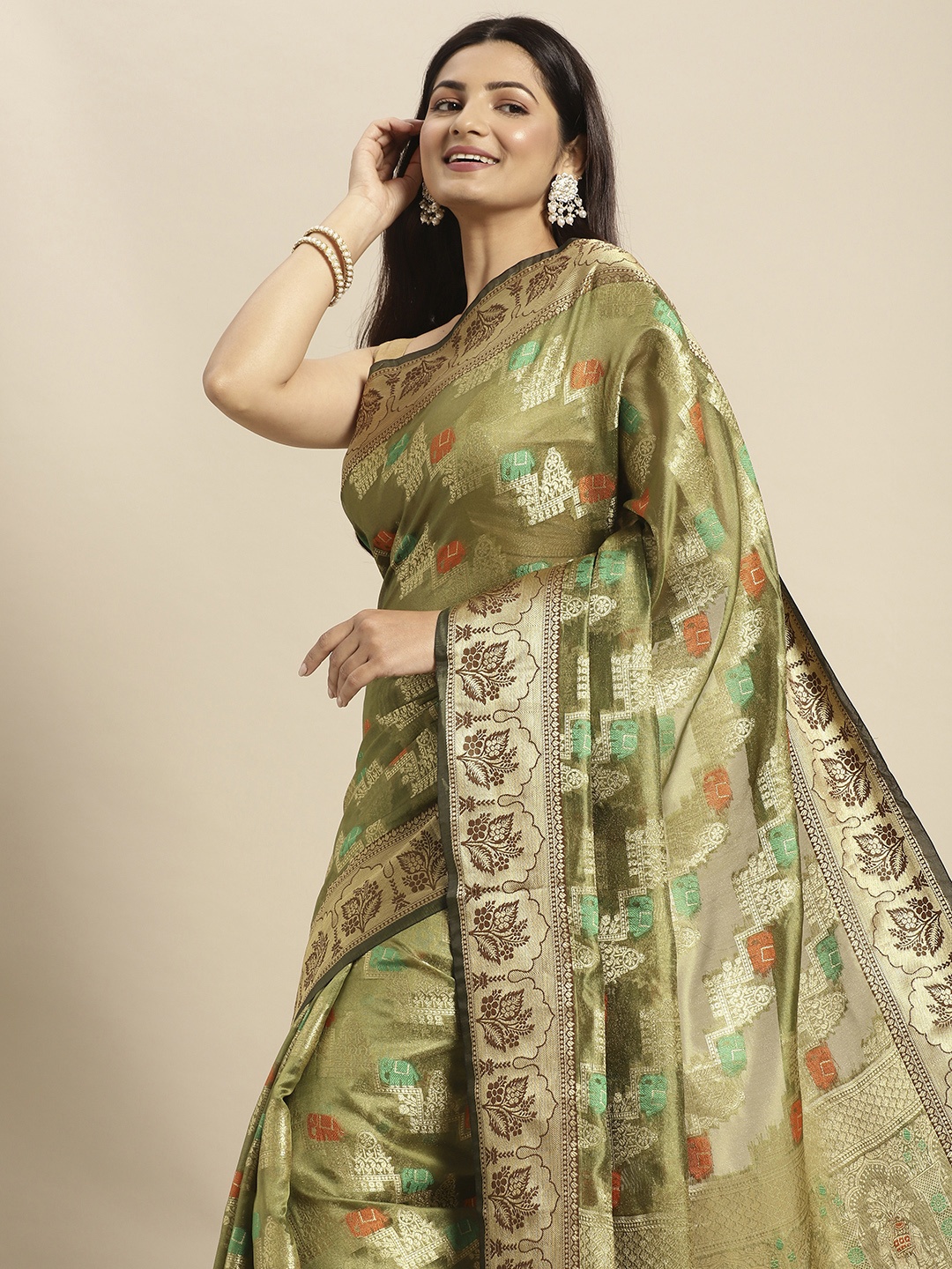 

Mitera Olive Green & Multicoloured Woven Design Zari Organza Kanjeevaram Saree