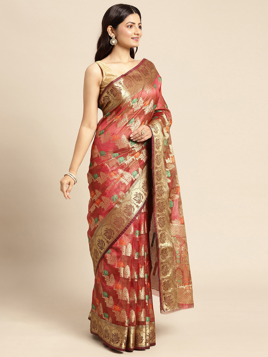 

Mitera Maroon & Golden Woven Design Zari Organza Kanjeevaram Saree