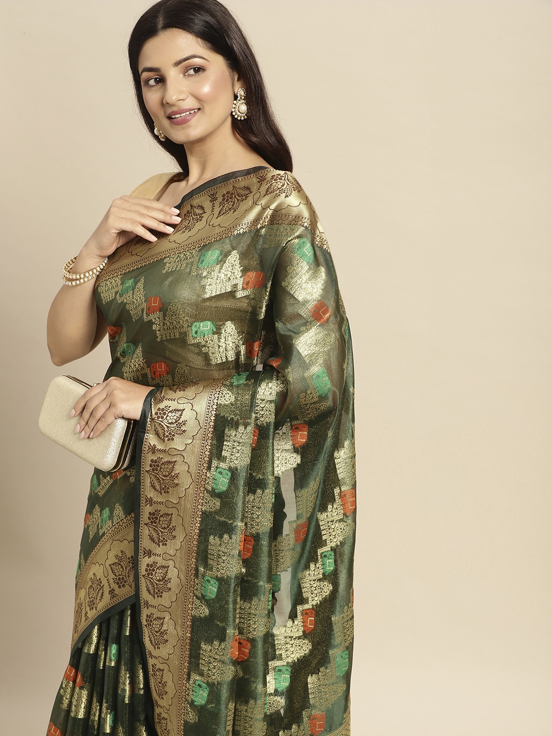 

Mitera Green & Multicoloured Woven Design Zari Organza Kanjeevaram Saree