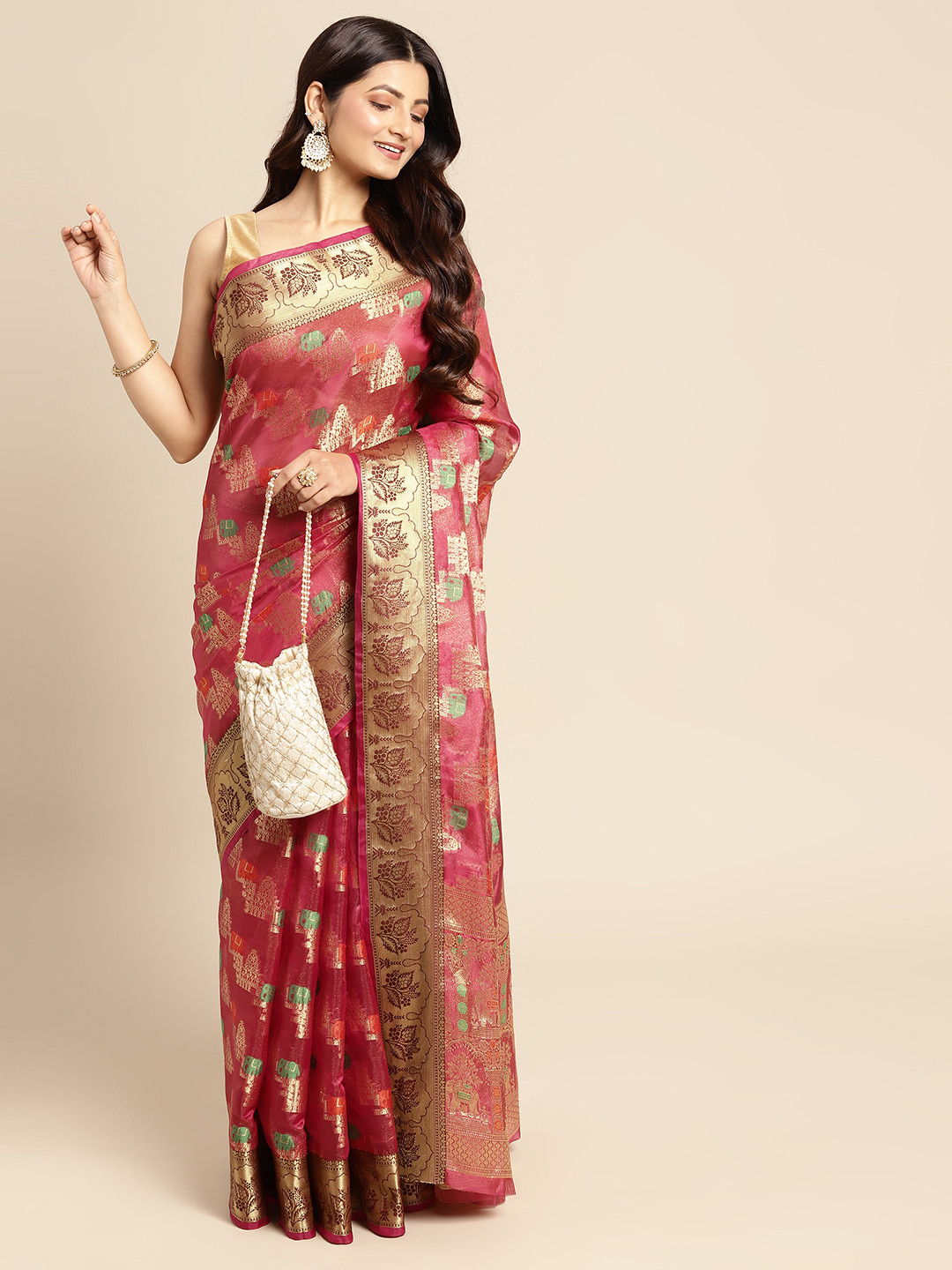 

Mitera Pink & Golden Woven Design Zari Organza Kanjeevaram Saree