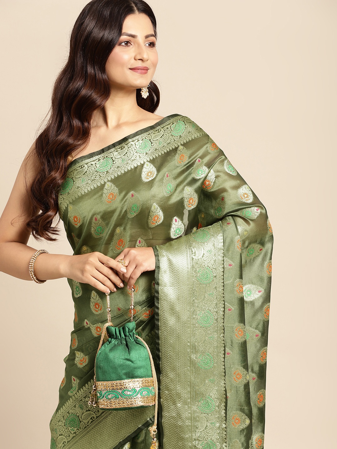 

Mitera Olive Green & Golden Woven Design Zari Organza Kanjeevaram Saree