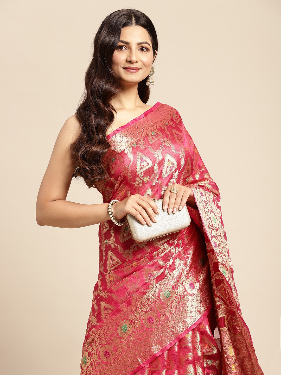 

Mitera Pink & Golden Woven Design Zari Organza Kanjeevaram Saree