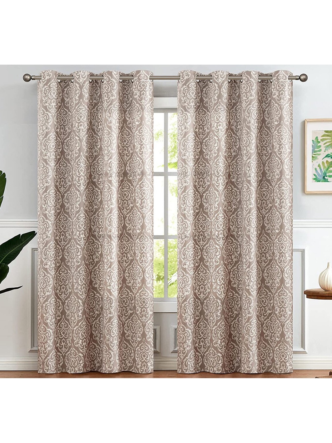 

URBAN SPACE Brown & White Ethnic Motifs Black Out Window Curtain