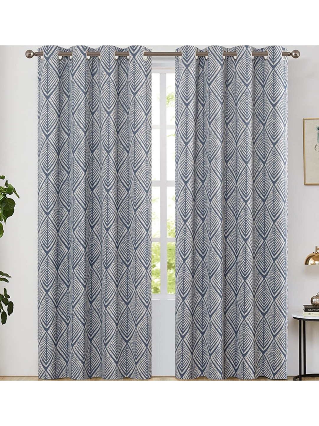 

URBAN SPACE Blue & White Geometric Black Out Long Door Curtain