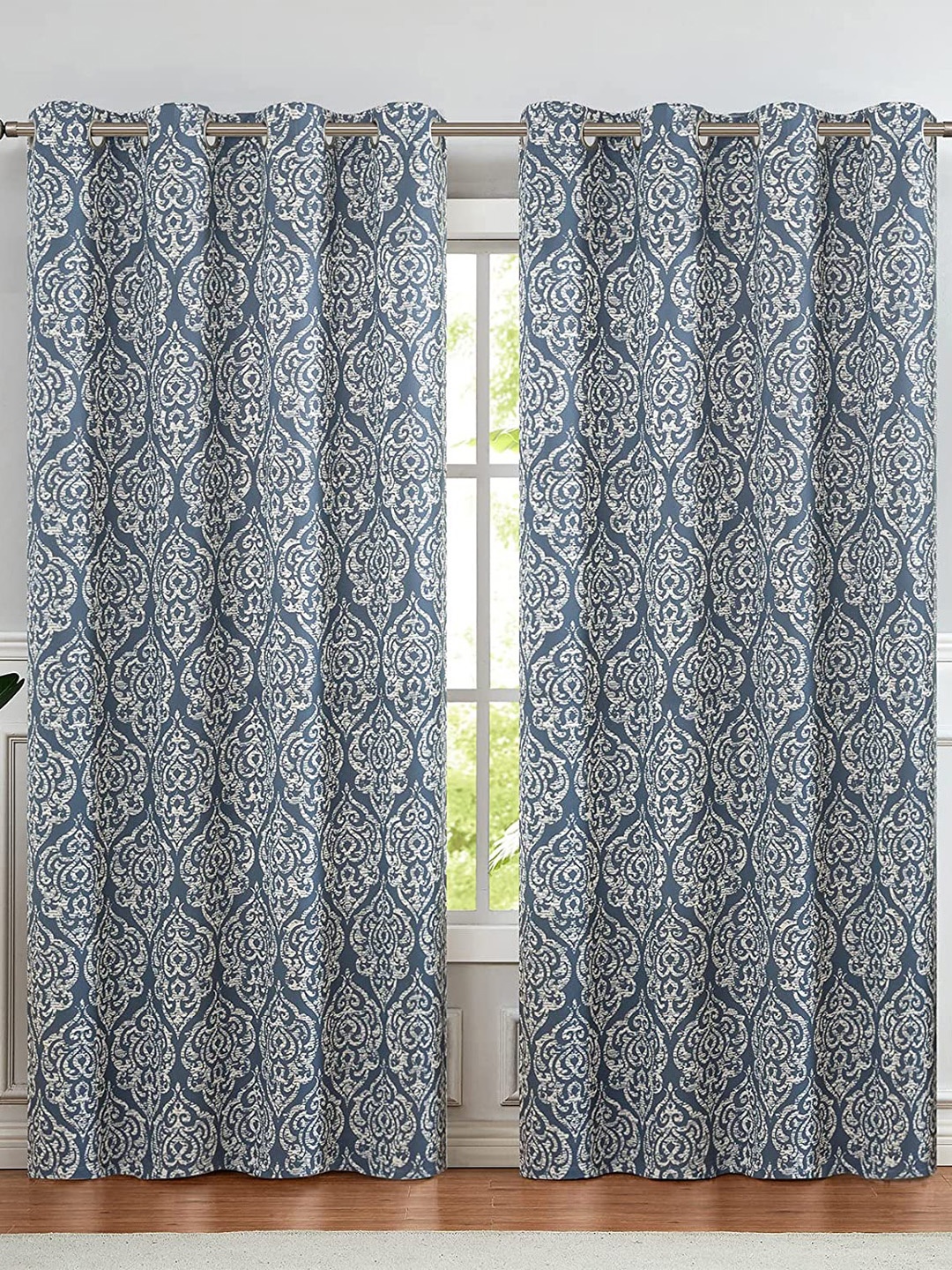 

URBAN SPACE Blue & White Ethnic Motifs Black Out Window Curtain