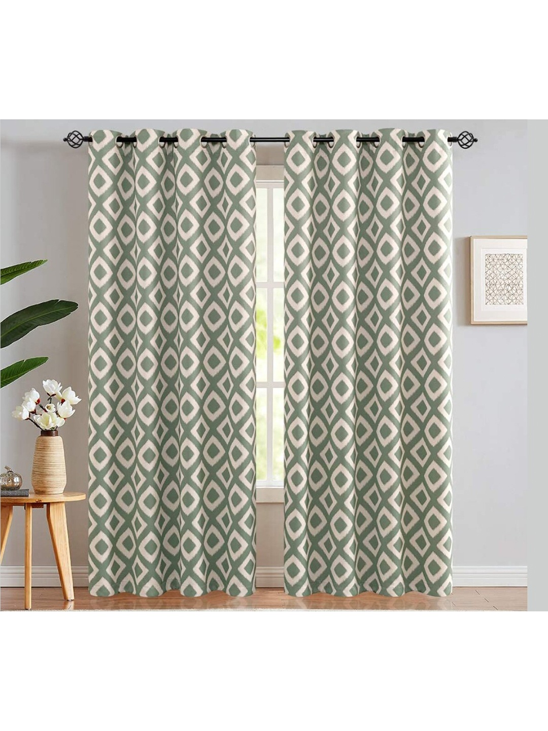 

URBAN SPACE Green & Brown Geometric Black Out Long Door Curtain
