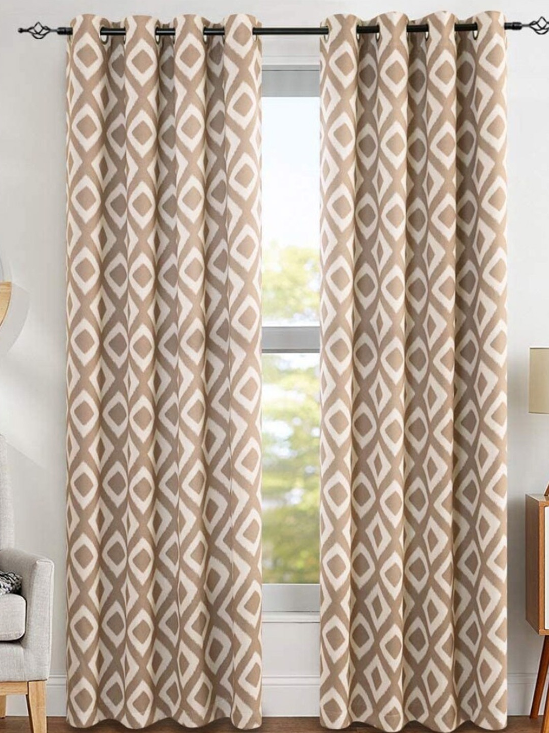 

URBAN SPACE Brown & Cream-Coloured Polyester Geometric Black Out Long Door Curtain