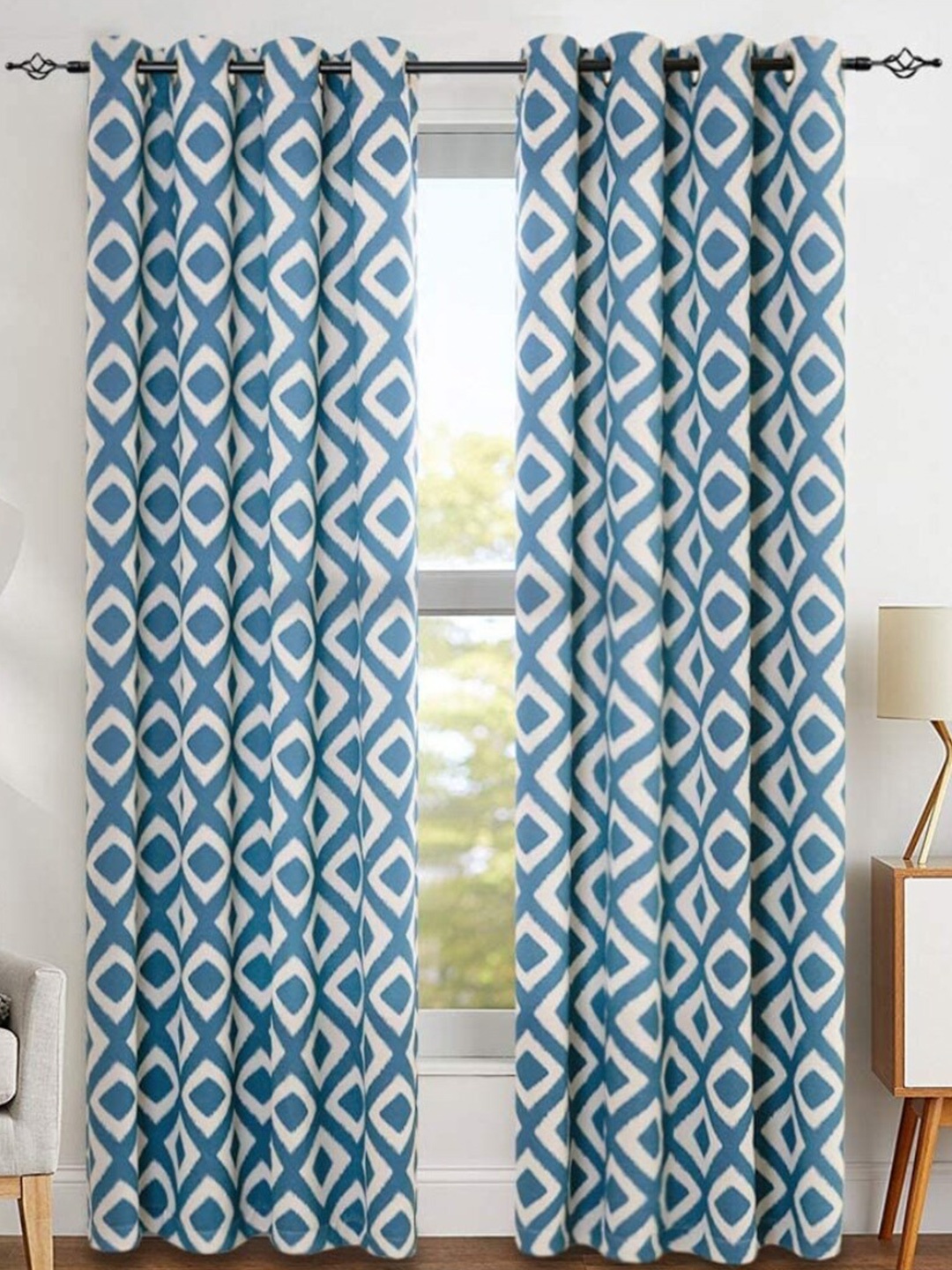 

URBAN SPACE Blue & White Geometric Black Out Long Door Curtain