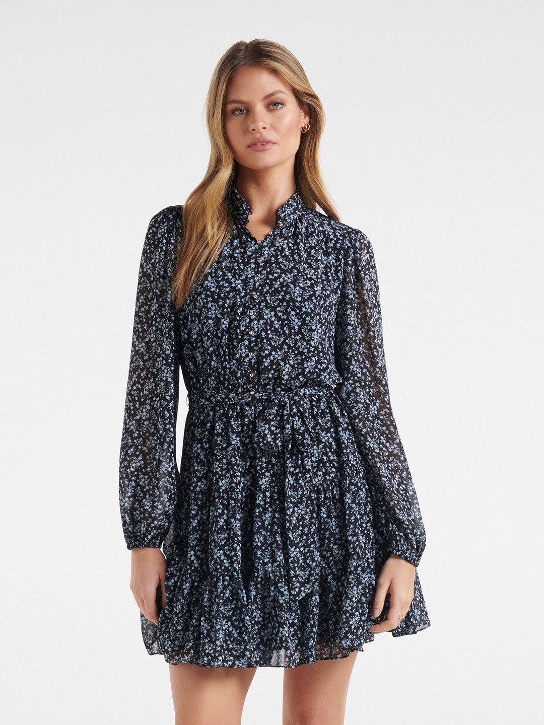 

Forever New Blue Printed Fit and Flare Tiered Dress