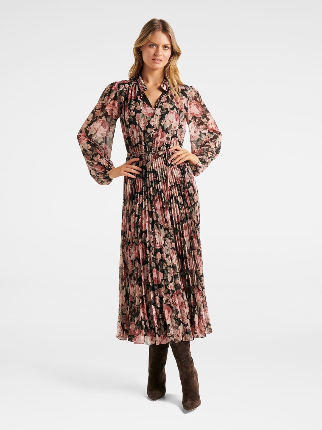 

Forever New Women Brown & Black Floral A-Line Maxi Dress