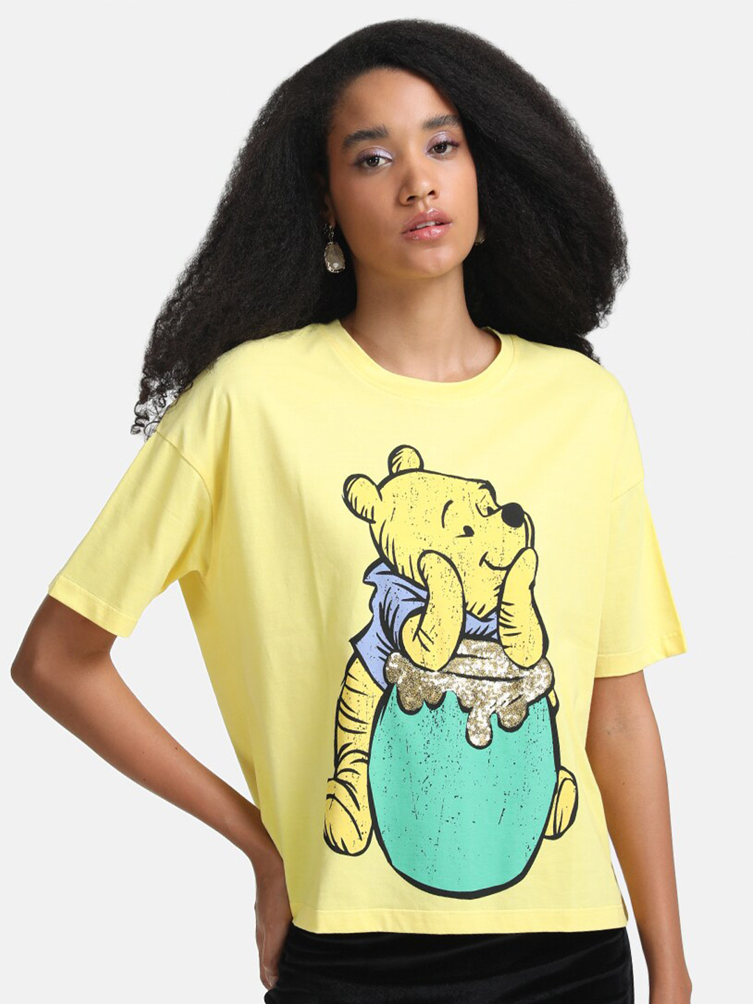 

Kazo Women Yellow Winnie The Pooh Printed Drop-Shoulder Sleeves Oversized T-shirt