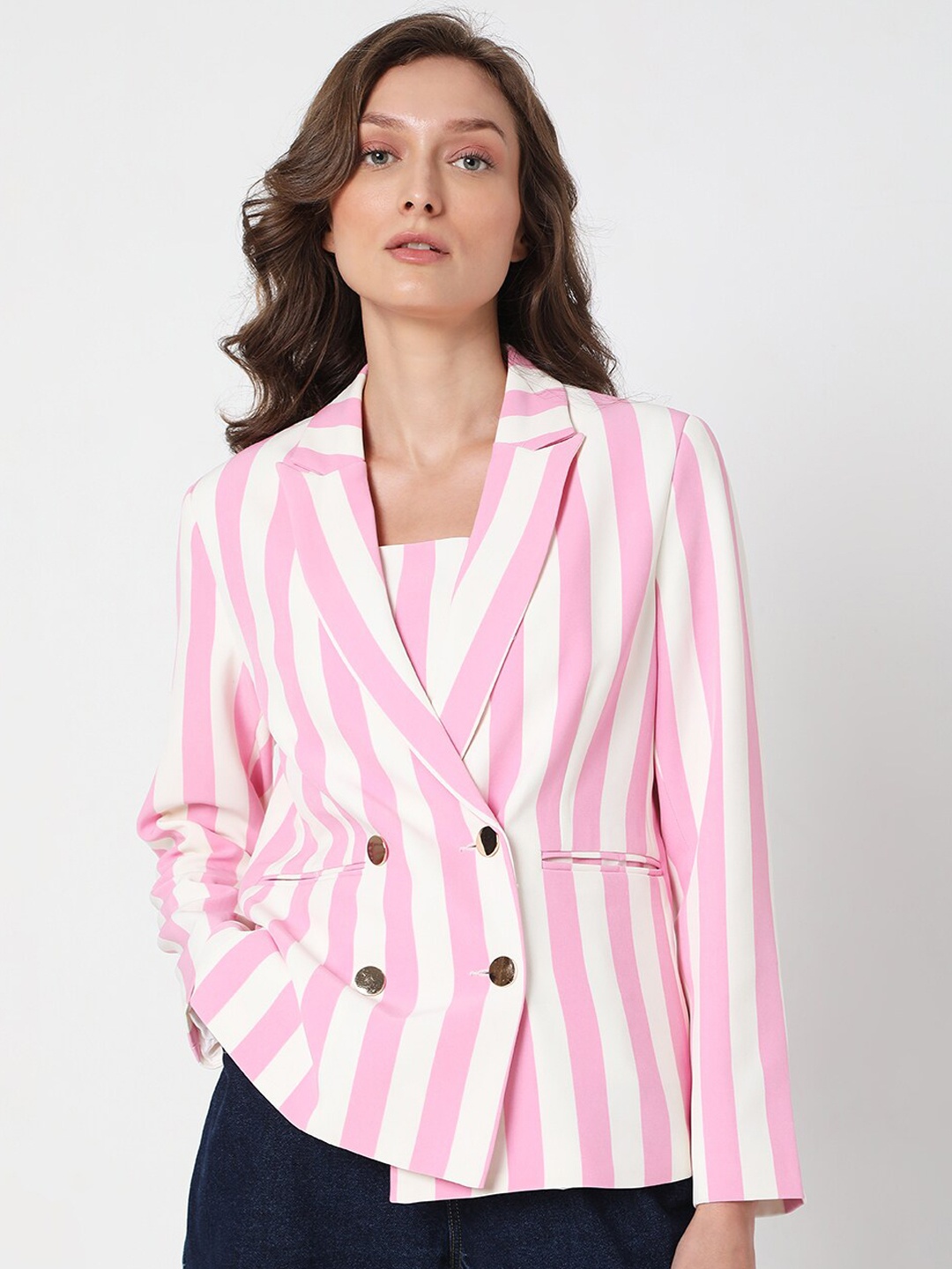 

Vero Moda Women Pink & White Striped Double-Breasted Casual Blazer