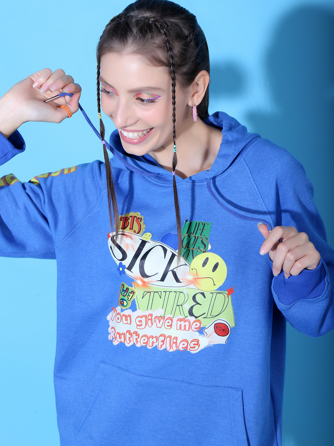 

Stylecast X Hersheinbox Women Blue Printed Hooded Pure Cotton Sweatshirt
