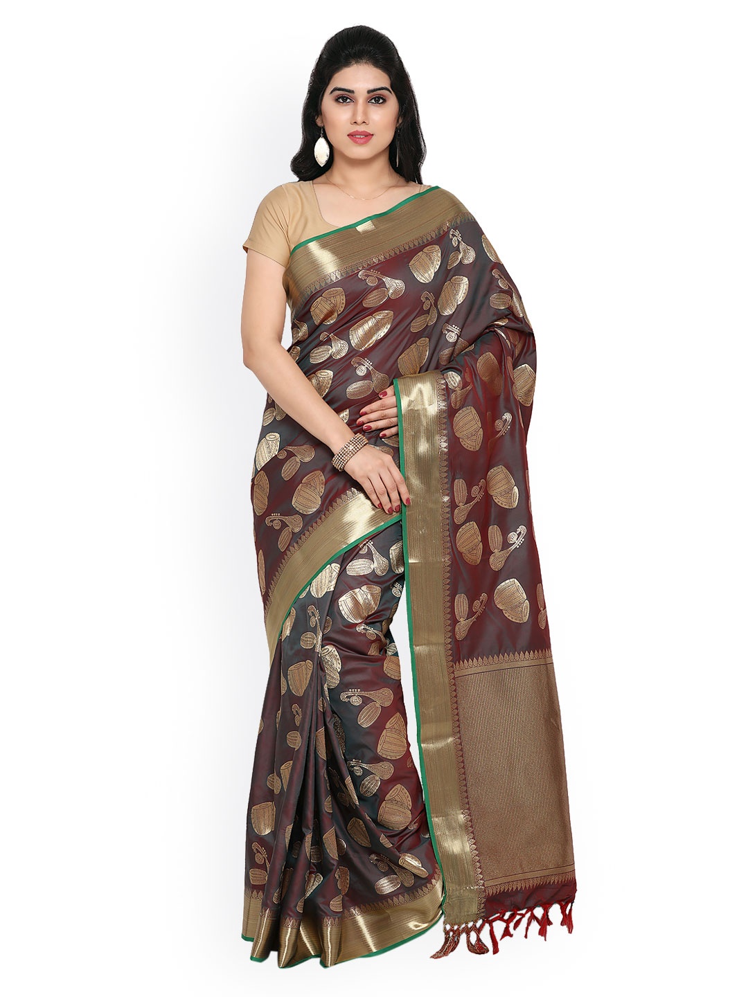 

Varkala Silk Sarees Brown & Grey Art Silk Printed Kanjeevaram Saree
