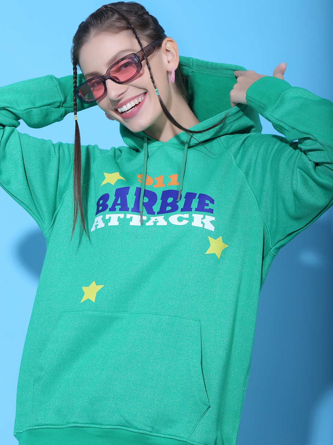

Stylecast X Hersheinbox Women Green Graphic Printed Pure Cotton Hooded Sweatshirt