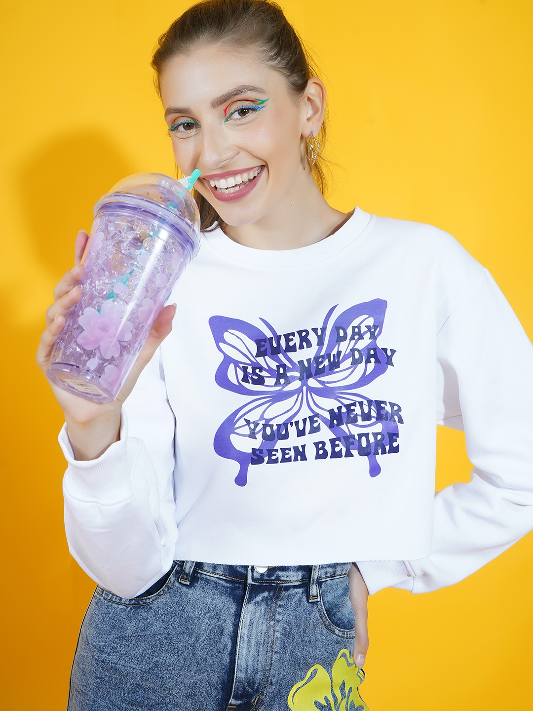 

Stylecast X Hersheinbox Women White Graphic Printed Pure Cotton Cropped Sweatshirt