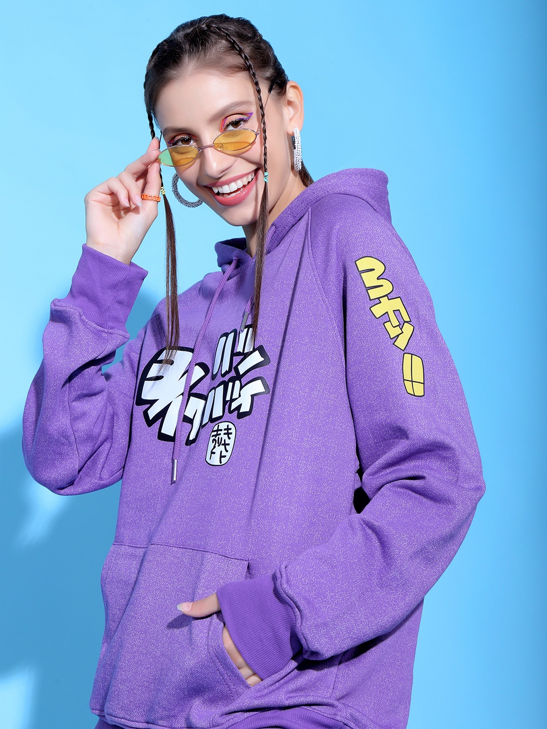 

Stylecast X Hersheinbox Women Purple Printed Hooded Pure Cotton Sweatshirt