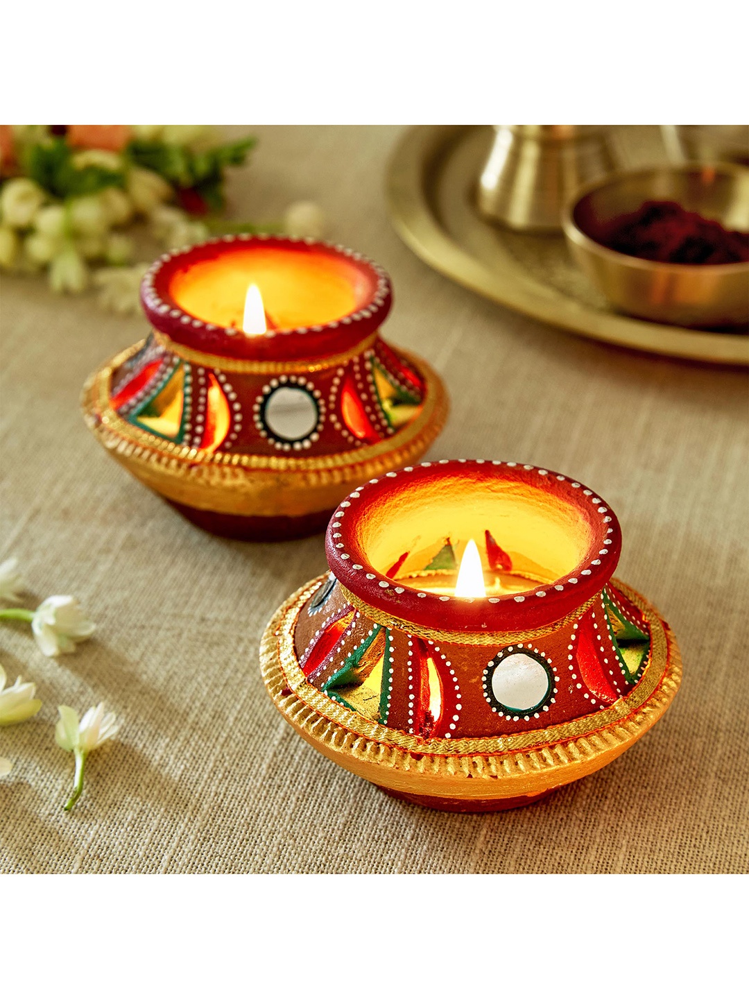 

Home Centre Set Of 2 Brown & Gold-Toned Embellished Cutwork Clay Diyas