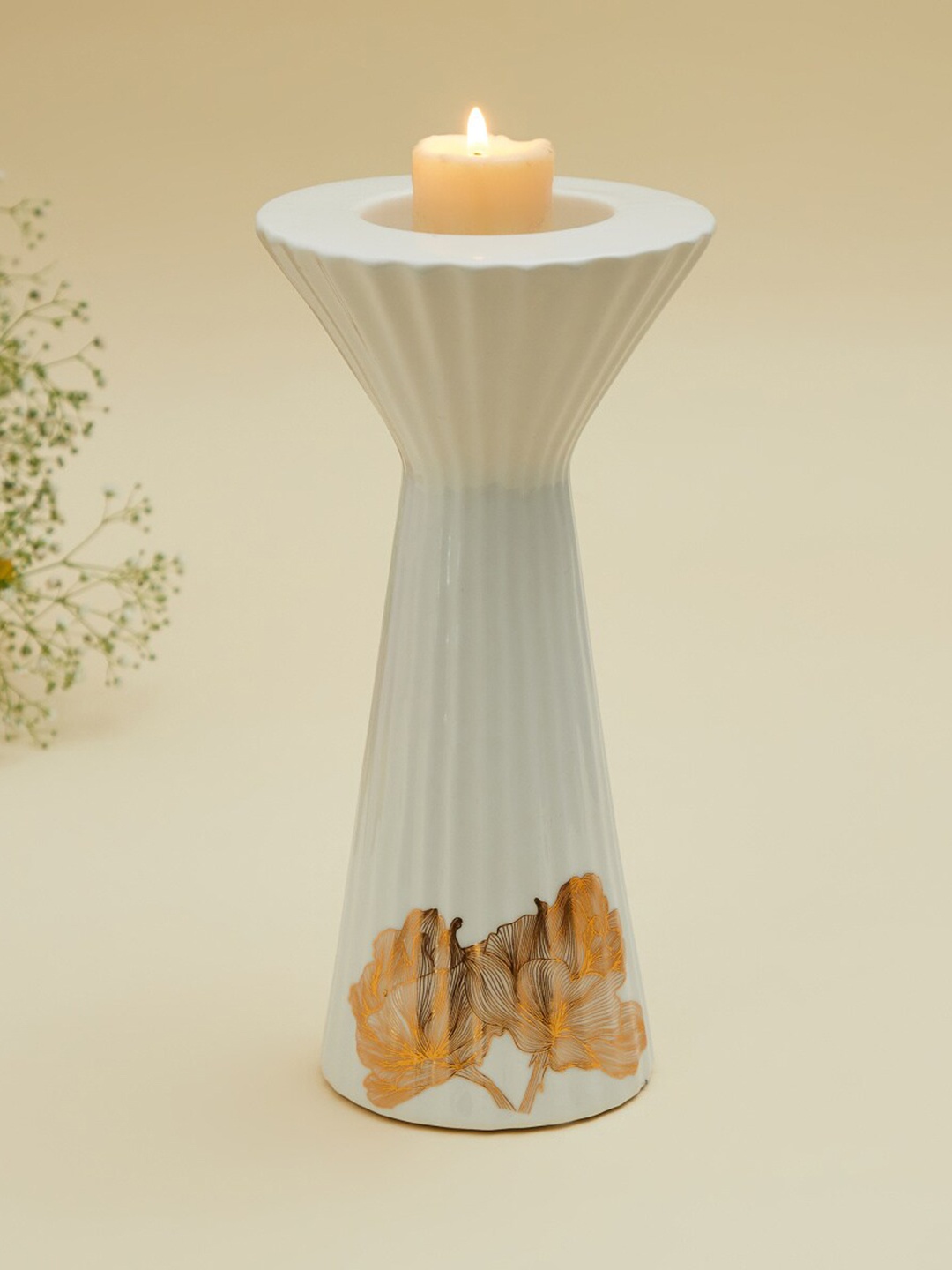 Home Centre White Floral Printed Ceramic T-Light Holder