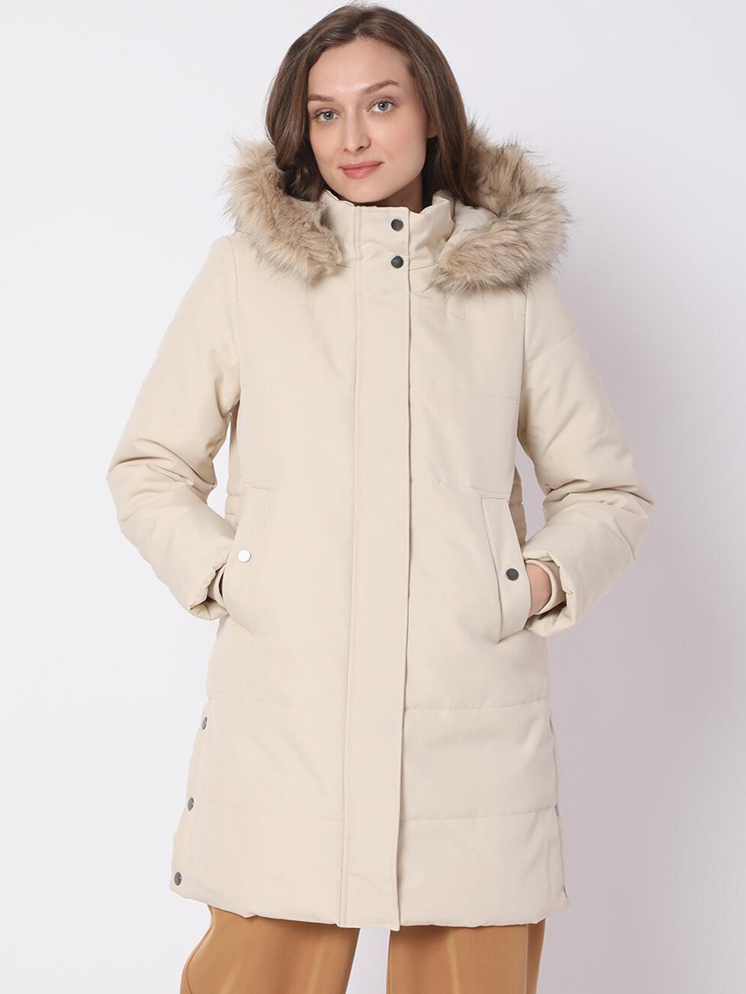 

Vero Moda Women Beige Solid Long Hooded Overcoats