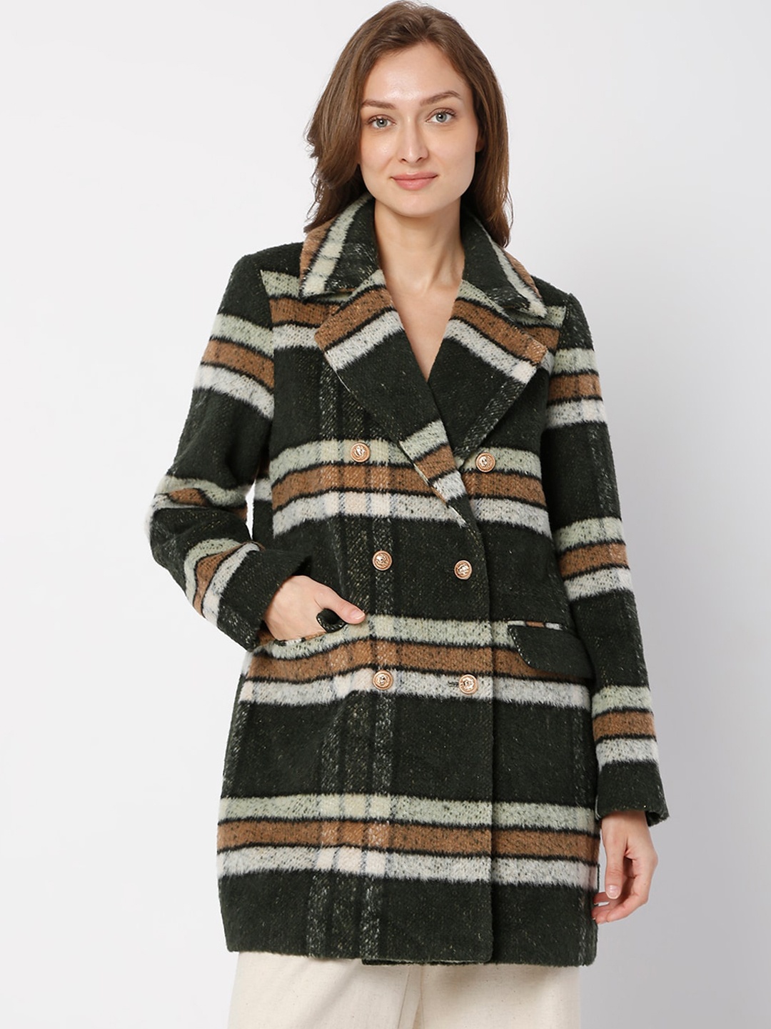 

Vero Moda Women Black & Off White Checked Double-Breasted Overcoat