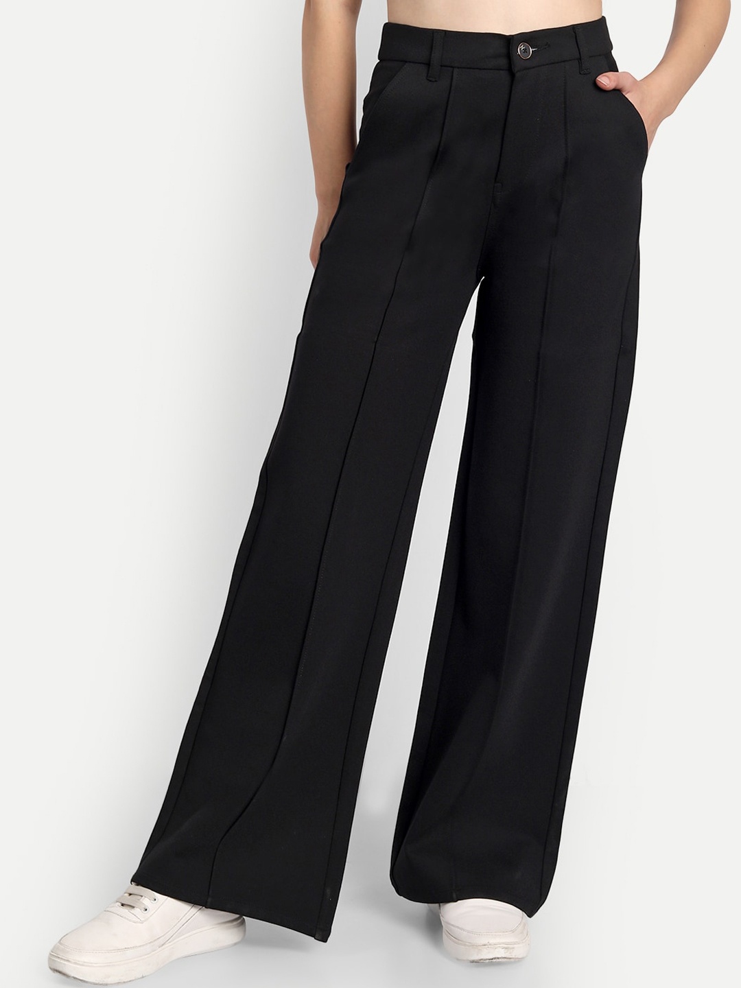 

Next One Women Black Relaxed Straight Leg Loose Fit High-Rise Easy Wash Trousers