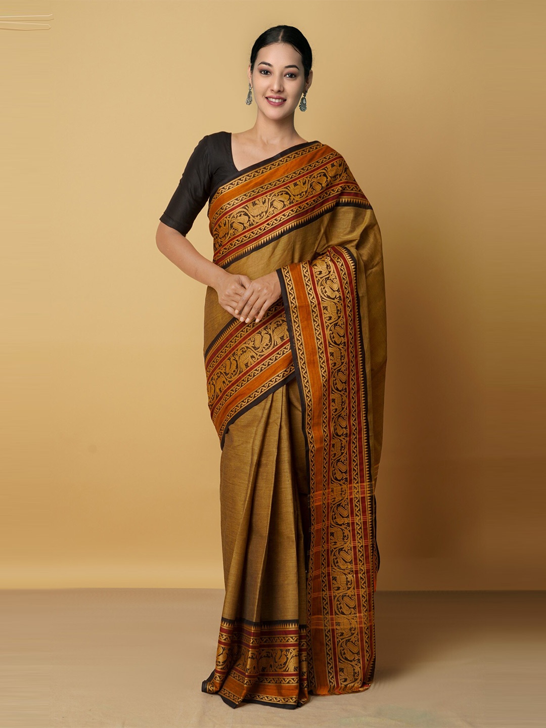 

Unnati Silks Brown & Gold-Toned Zari Pure Cotton Kanjeevaram Saree