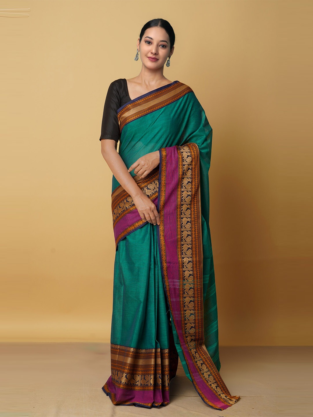 

Unnati Silks Green & Pink Zari Pure Cotton Kanjeevaram Saree