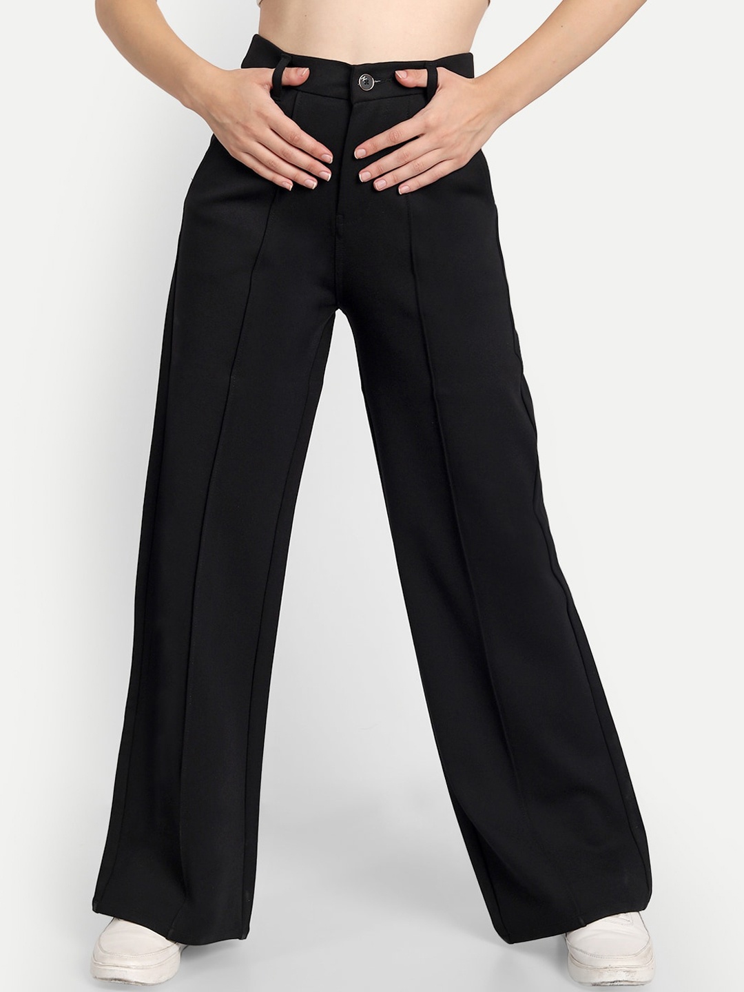 

Next One Women Black Relaxed Straight Leg Loose Fit High-Rise Easy Wash Trousers