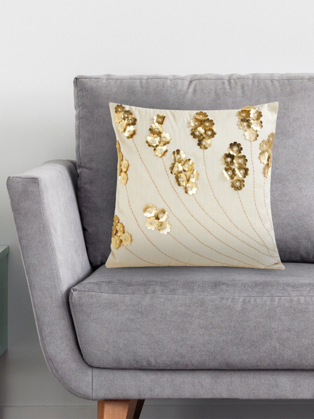 

Home Centre Beige & Gold-Toned Floral Square Cushion Covers