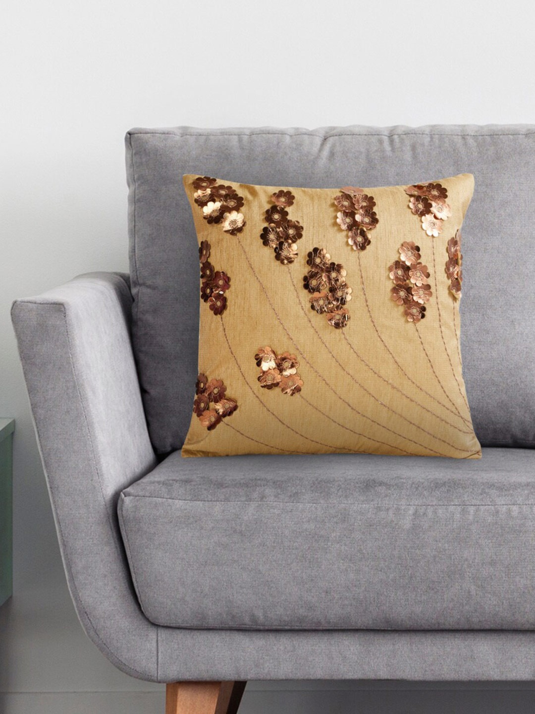 

Home Centre Gold-Toned Floral Embellished Square Cushion Cover