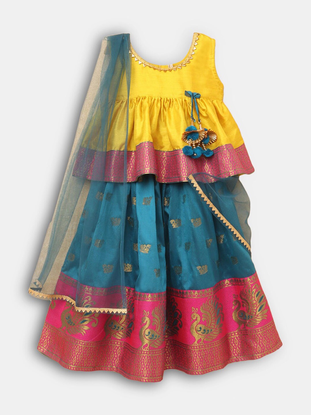 

Hopscotch Girls Yellow & Blue Ready to Wear Lehenga & Blouse With Dupatta