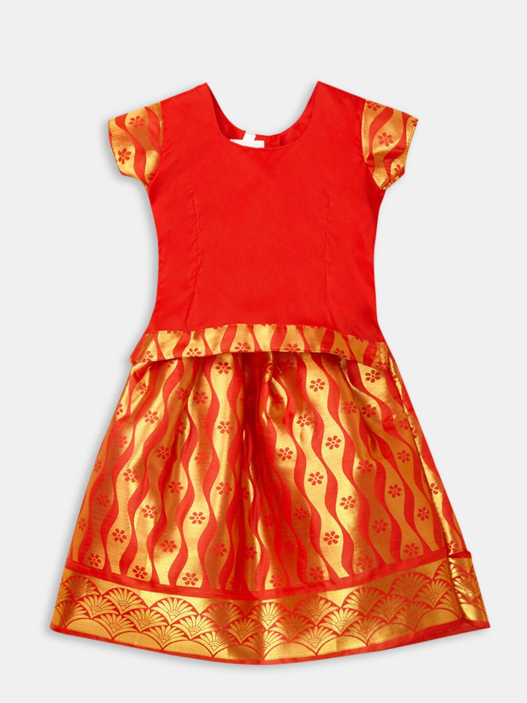 

Hopscotch Girls Red & Gold-Toned Printed Ready to Wear Lehenga &