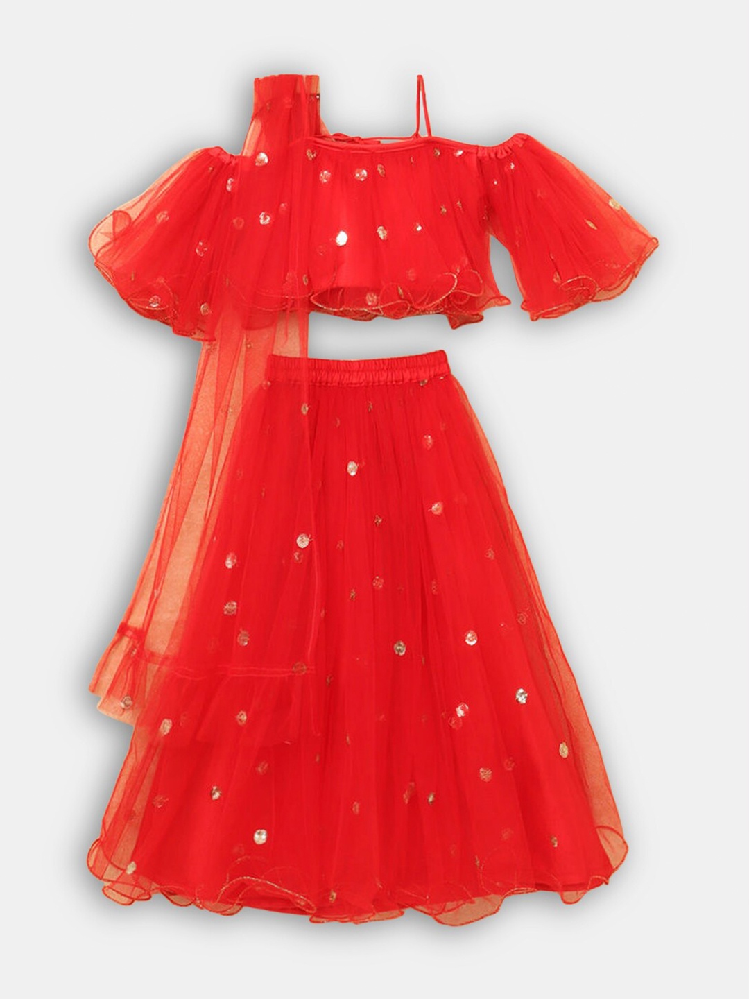 

Hopscotch Girls Red Embroidered Ready to Wear Lehenga & Blouse With Dupatta