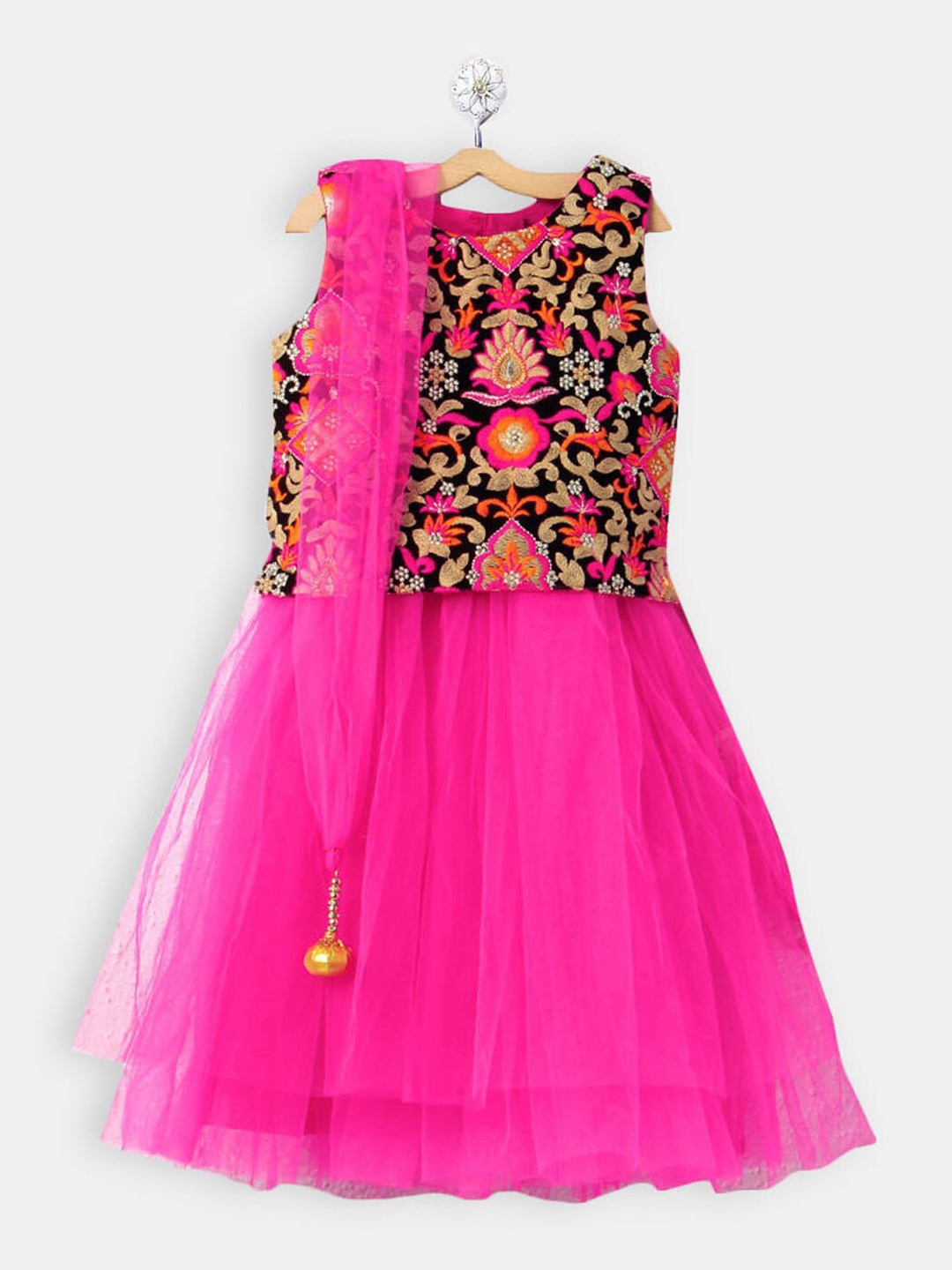 

Hopscotch Girls Fuchsia & Gold-Toned Embroidered Ready to Wear Lehenga & Blouse With Dupatta