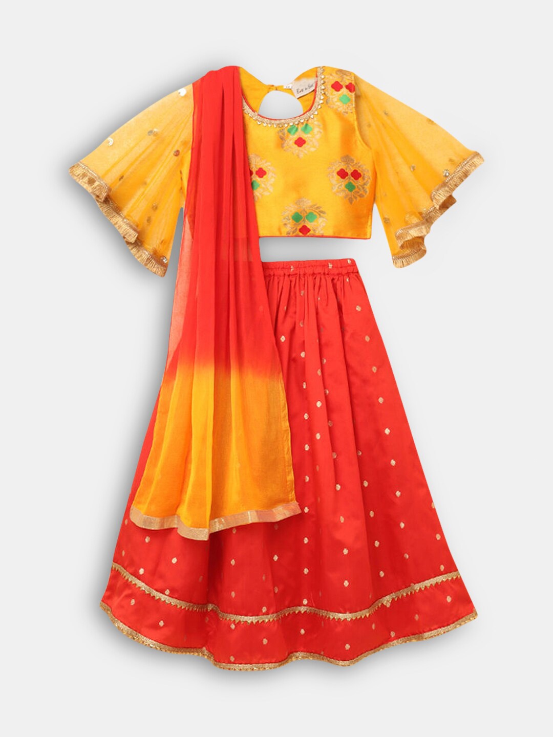 

Hopscotch Girls Yellow & Orange Printed Ready to Wear Lehenga & Blouse With Dupatta