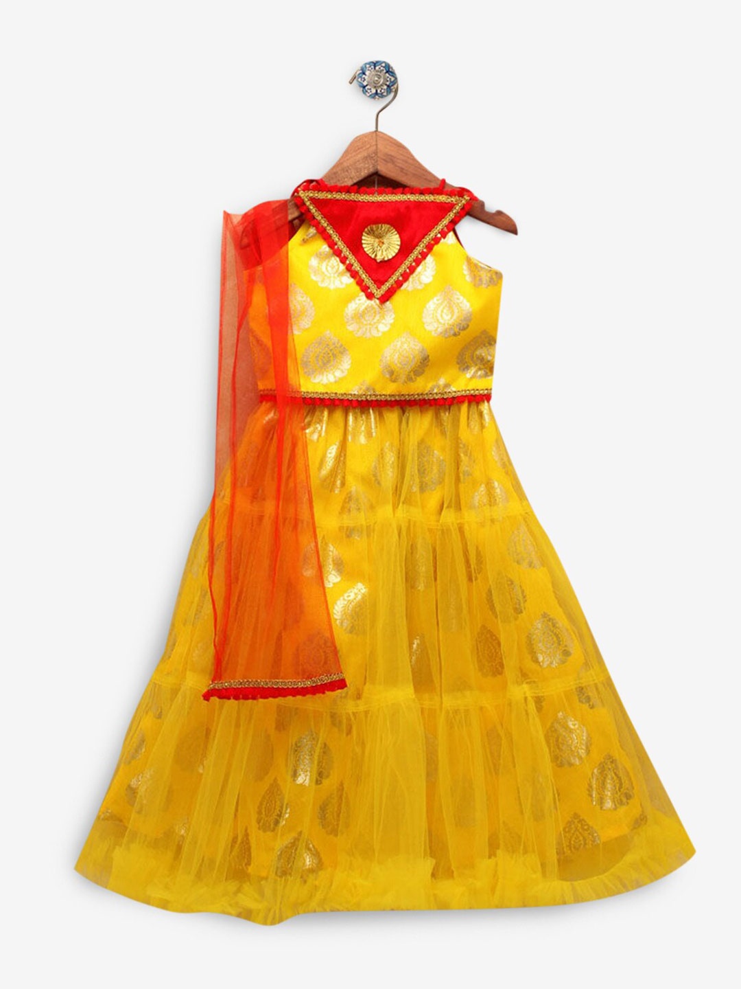 

Hopscotch Girls Yellow & Red Ready to Wear Lehenga & Blouse With Dupatta