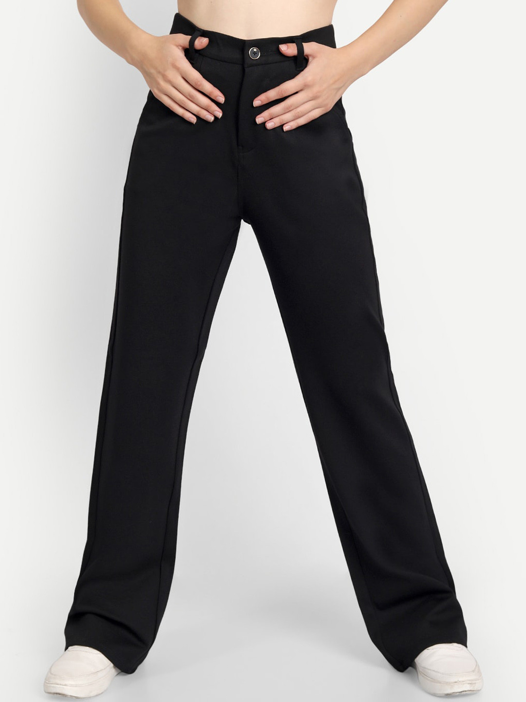 

Next One Women Black Solid Relaxed Straight Leg High-Rise Easy Wash Trousers