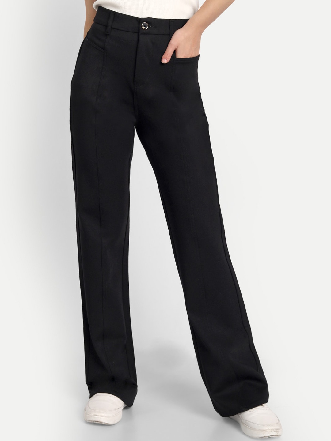 

Next One Women Black Relaxed Straight Leg Loose Fit High-Rise Easy Wash Trousers