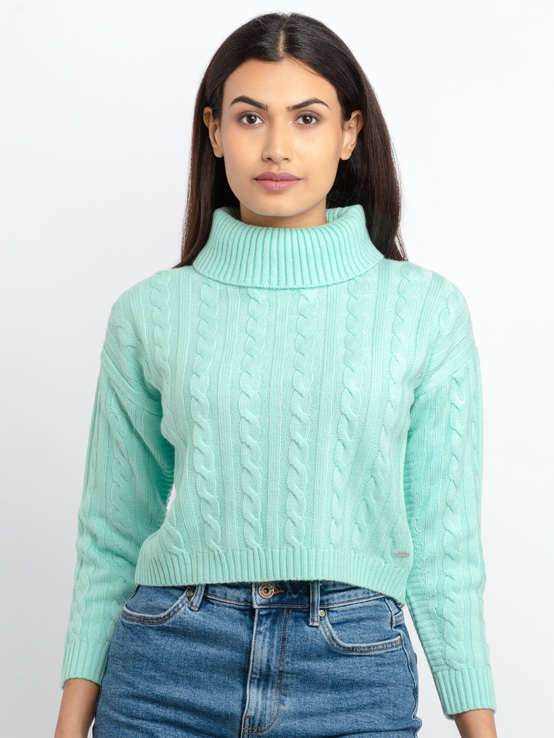 

Status Quo Women Sea Green Cable Knit Turtle Neck Pullover