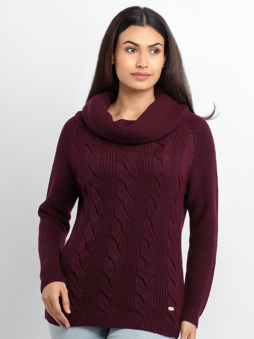 

Status Quo Women Maroon Cable Knit Pullover