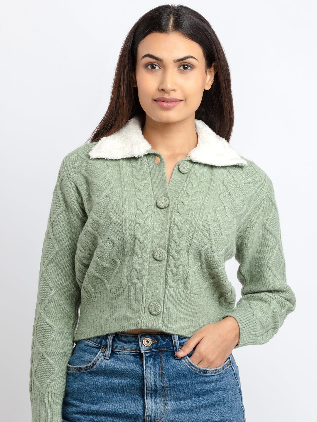 

Status Quo Women Olive Green Cable Knit Cardigan