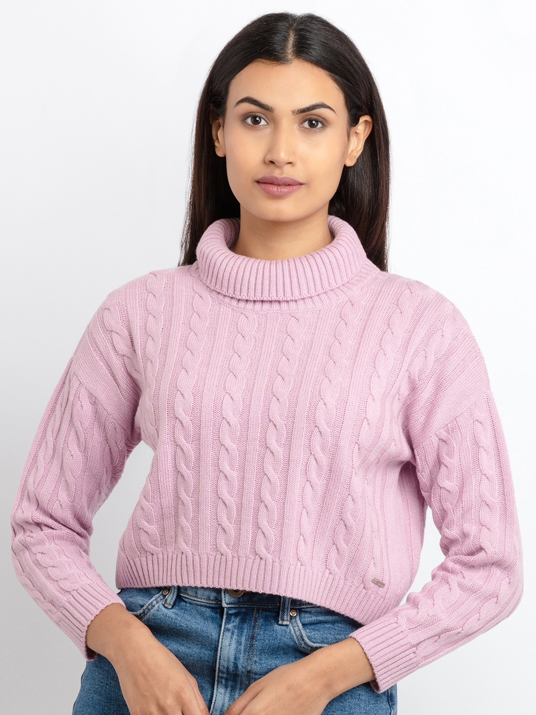 

Status Quo Women Turtle Neck Cable Knit Pullover, Mauve