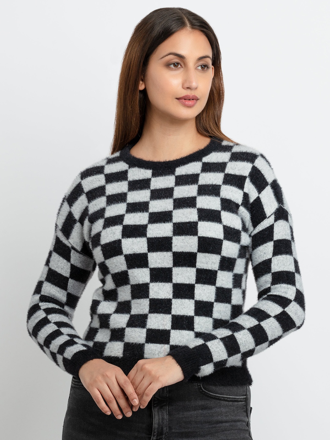 

Status Quo Women Black & Grey Checked Pullover